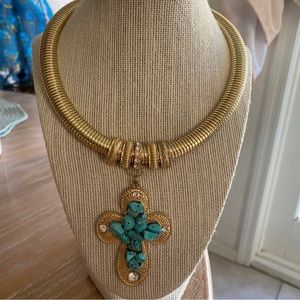 Cross pendant choker necklace Faux turquoise